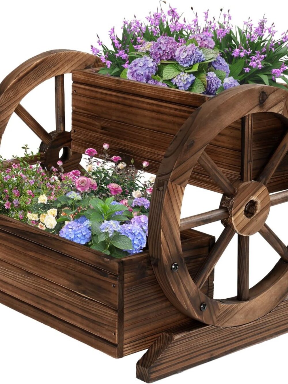 Wooden Wagon Planter Box, Garden Planter with Wheels,Decorative Planter for Flow